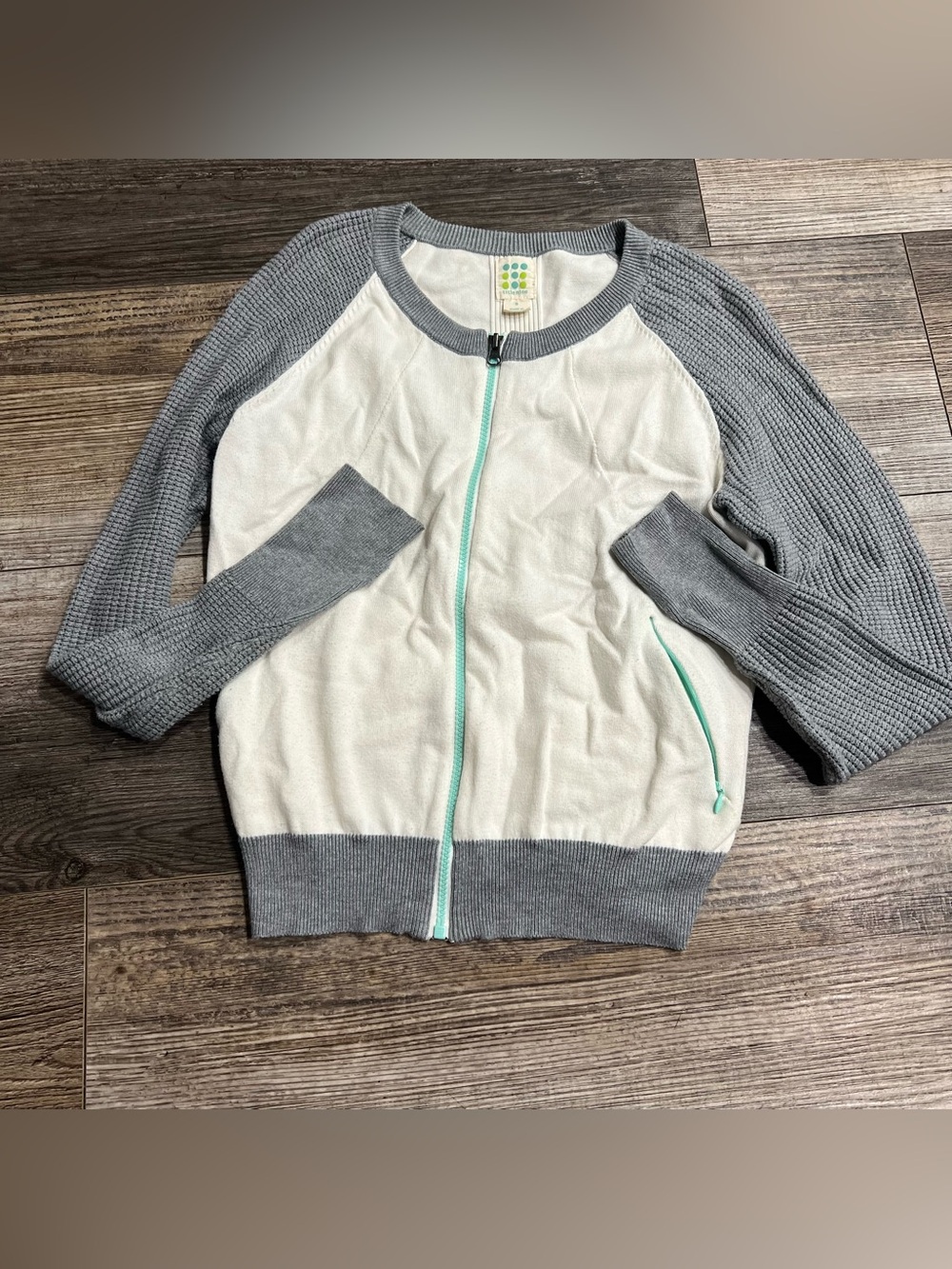 Title Nine Womens Small Colorblock Knit Full Zip Sweater Jacket Gray Ivory Mint
